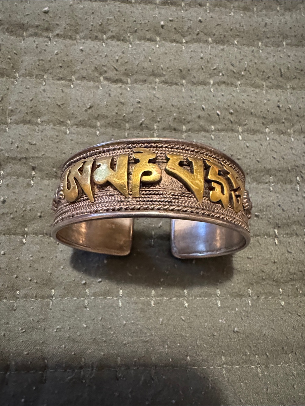 Antique-Style 925 Sterling and gold overlay Cuff Bracelet with Script Detailing